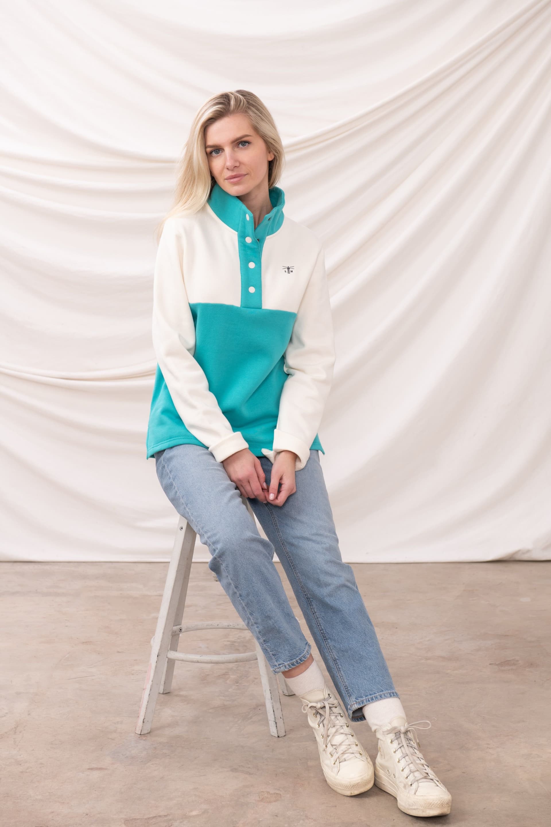 Lighthouse Clothing Lighthouse Clothing Women's Haven Jersey Popper Detail Cotton Top in Mid Blue