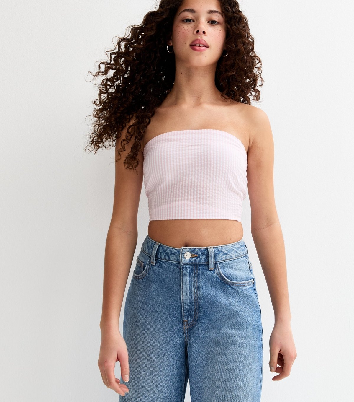 New Look Girls' Pink Striped Hanky Hem Bandeau Top New Look - 2