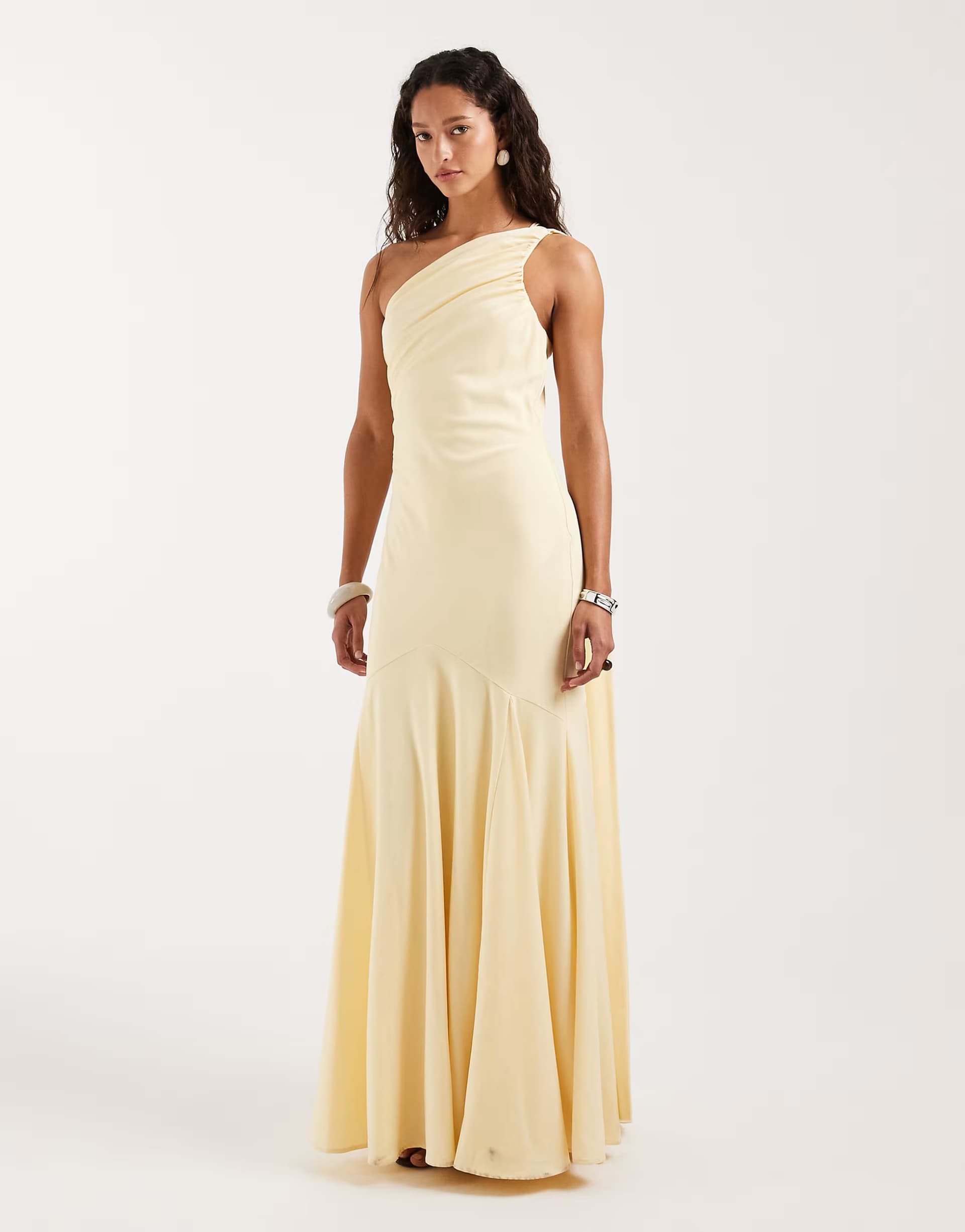ASOS Pretty Lavish Porto matte satin one shoulder scarf neck maxi dress in lemon yellow