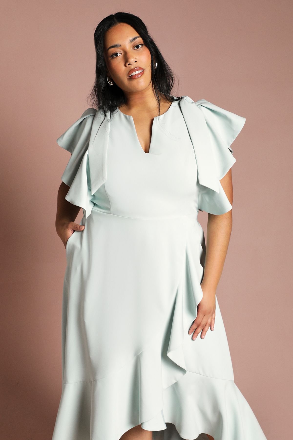 Coast Coast Women's Plus Crepe Ruffle Wrap Midi Dress in Mint - 4