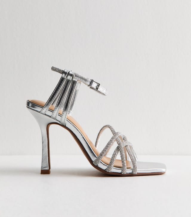 New Look Women's Silver Faux Leather Diamantè Embellished Multi Strap Stiletto Sandals New Look - 3