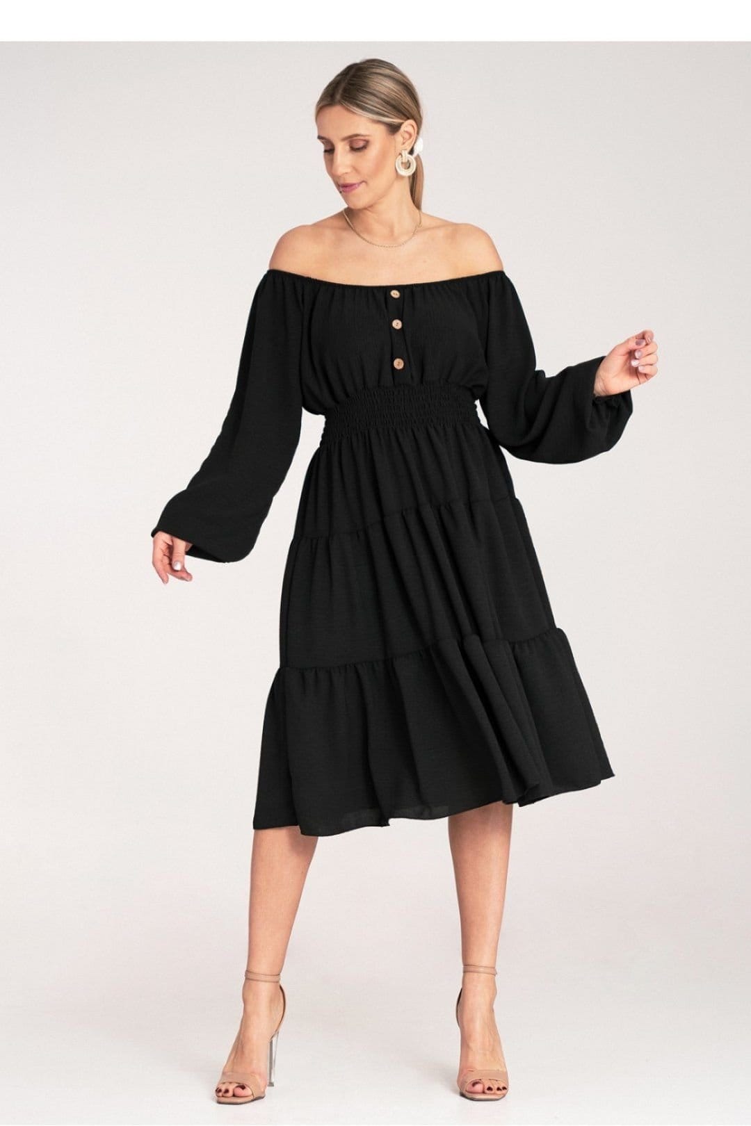 Love Lace Black Ruched Midi Dress with Spanish Neckline