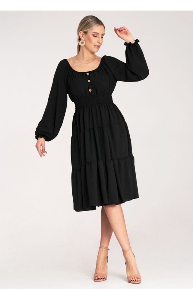Love Lace Love Lace Women's Ruched Midi Dress with Spanish Neckline in Black - 2