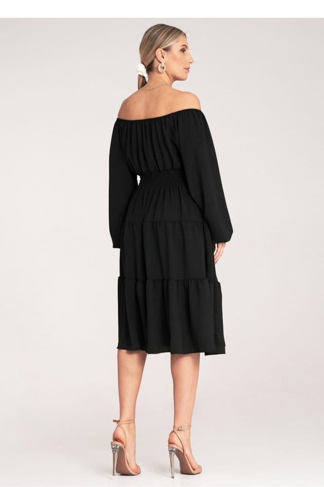 Love Lace Love Lace Women's Ruched Midi Dress with Spanish Neckline in Black - 3