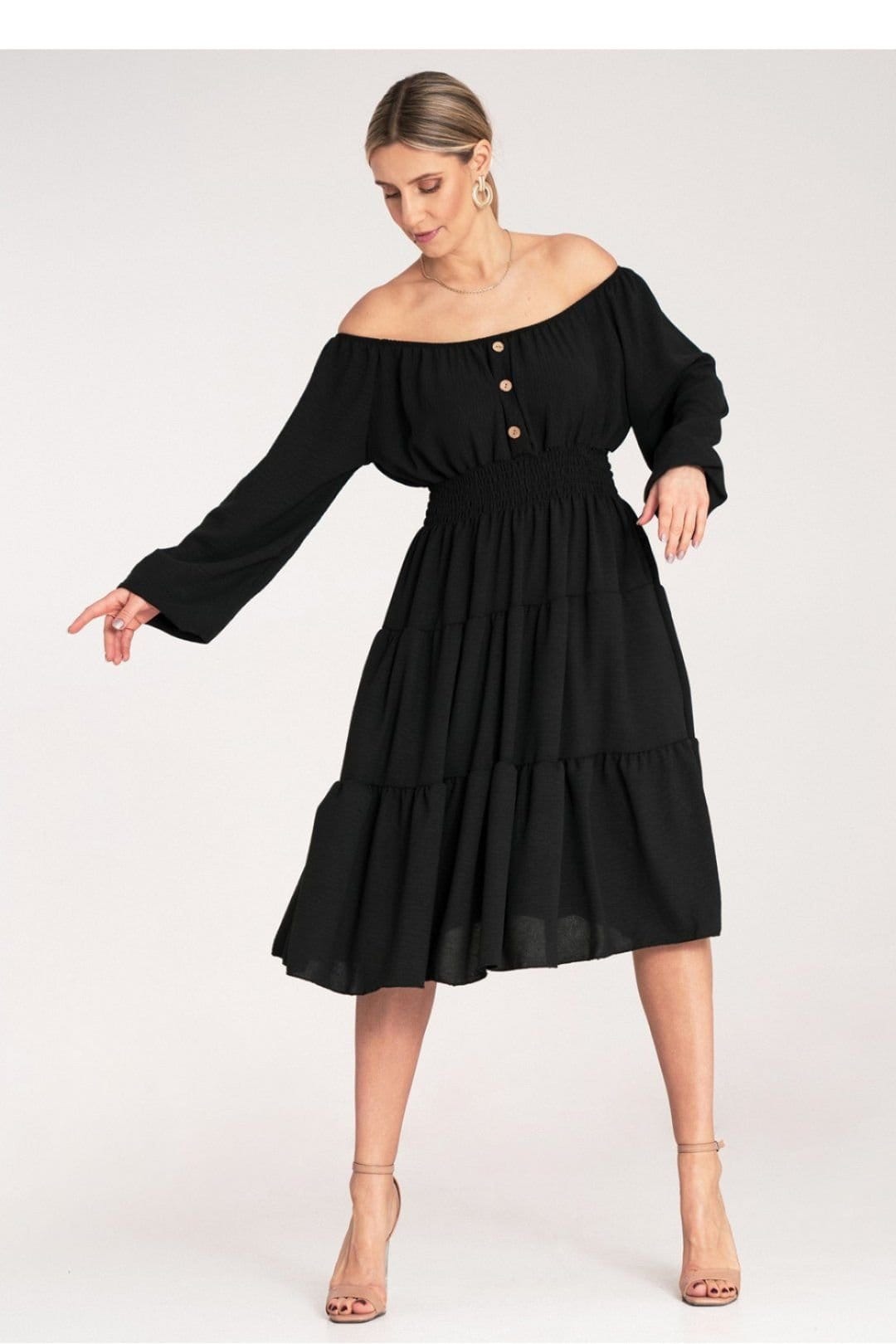 Love Lace Love Lace Women's Ruched Midi Dress with Spanish Neckline in Black - 4