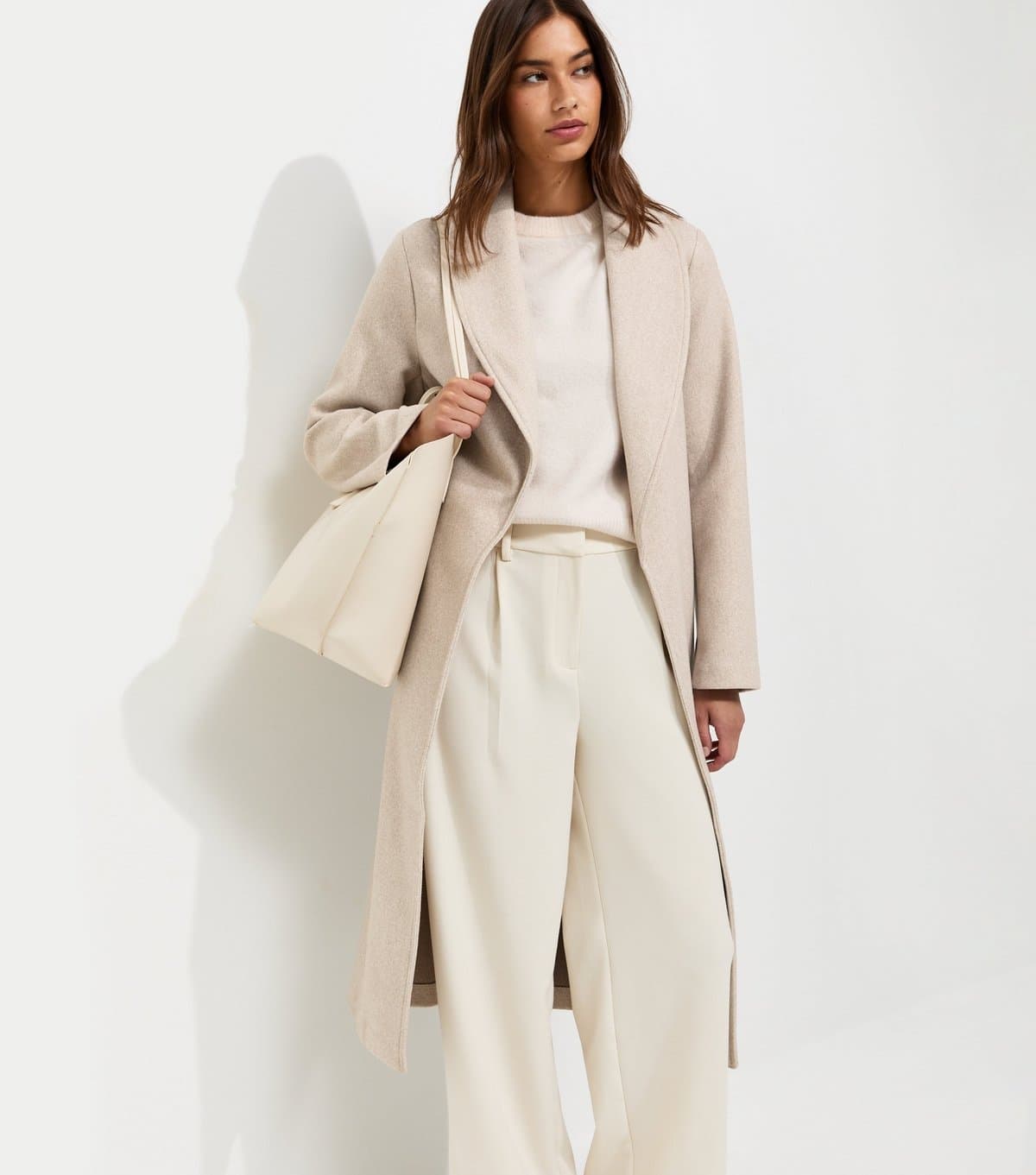 New Look Women's Oatmeal Shawl Collar Belted Wrap Coat New Look