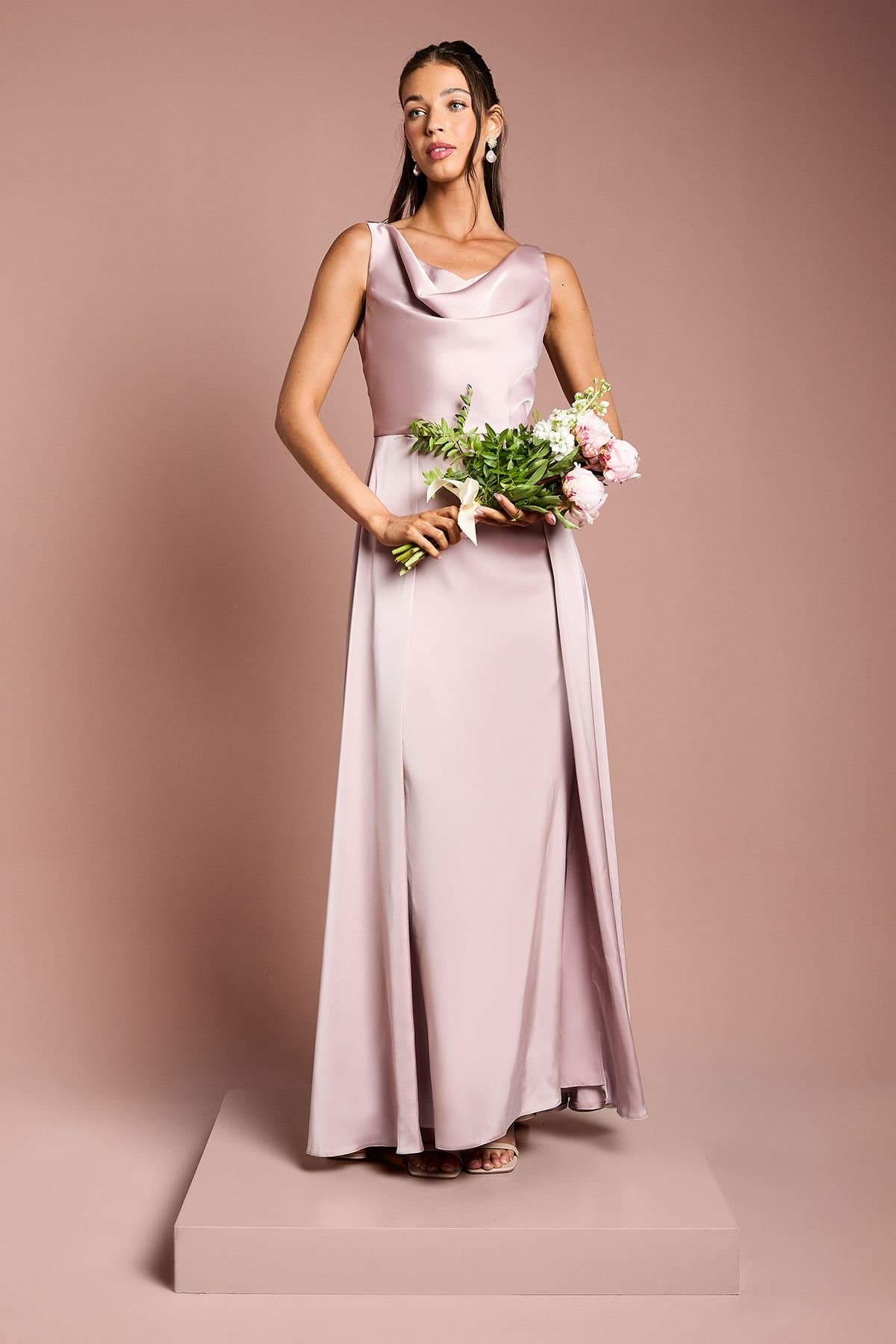Coast Coast Women's Honoured Sleeveless Cowl Neck Satin Maxi Bridesmaid Dress in Dusty Rose