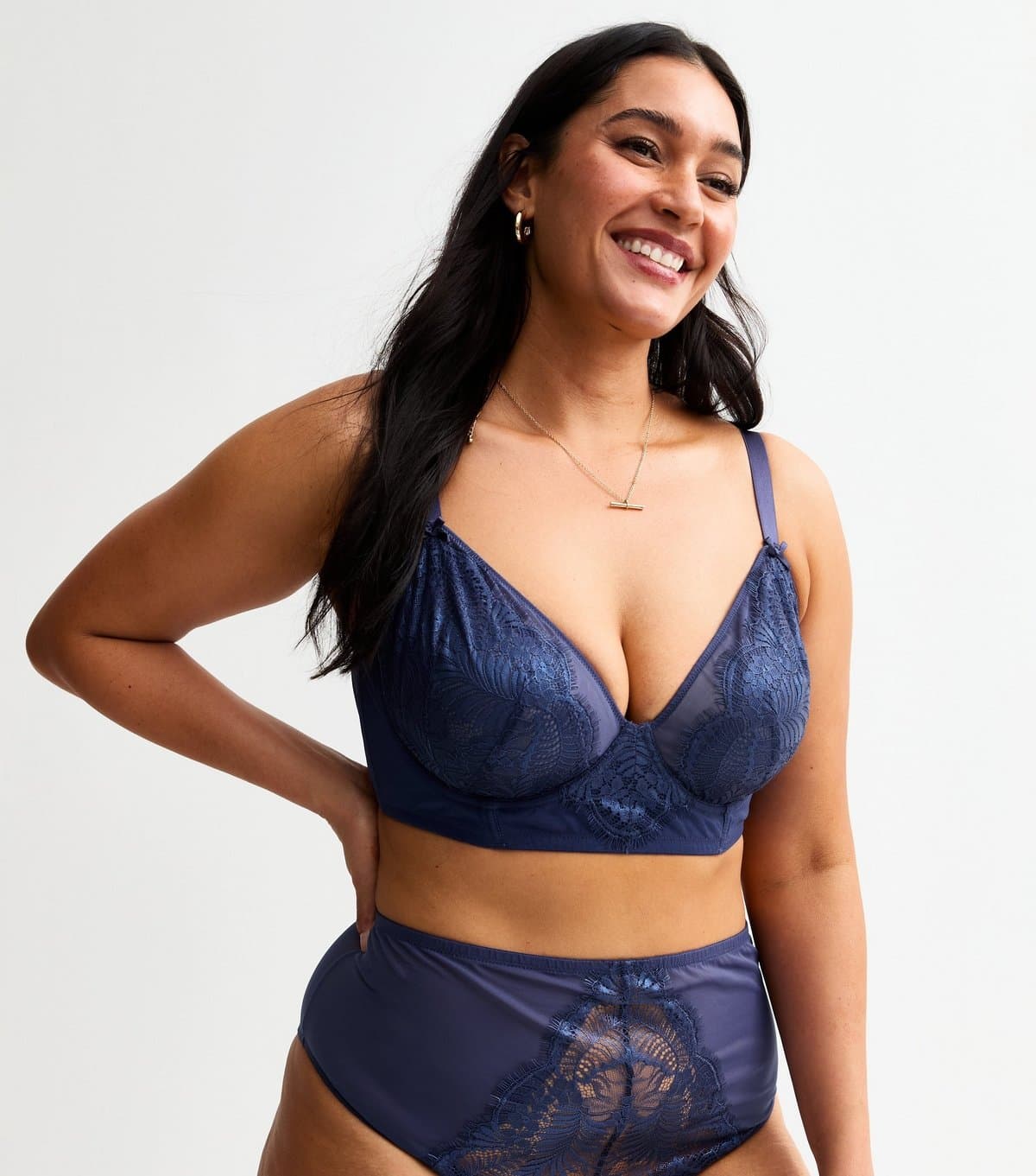 New Look Women's Plus Size Navy Foiled Lace Non Padded Bra Curves New Look