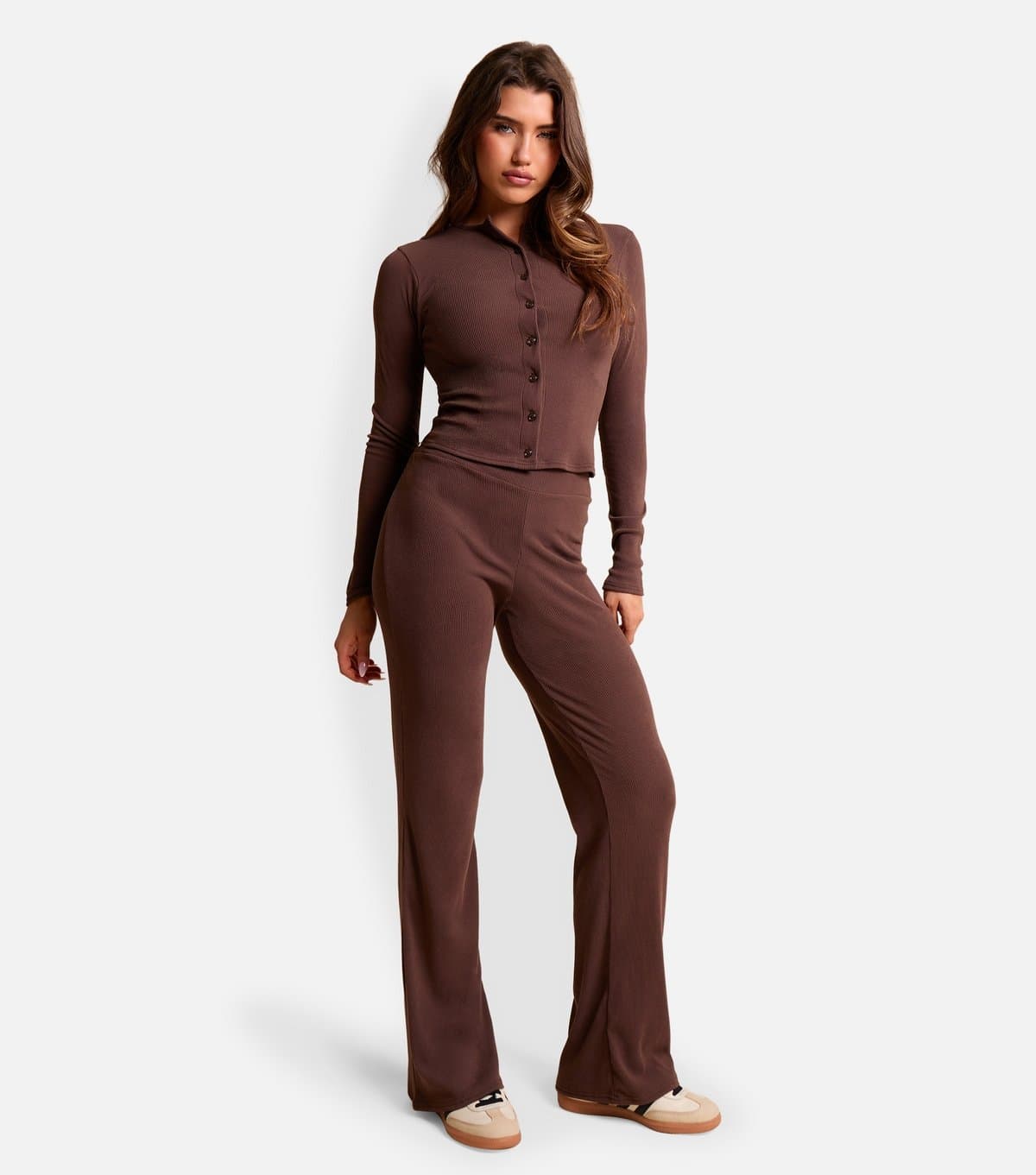 Public Desire Women's Dark Brown Ribbed Button Long Sleeve Top Public Desire New Look