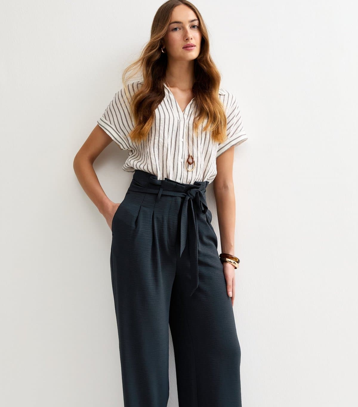New Look Women's Tall Black Paperbag Waist Wide Leg Trousers New Look
