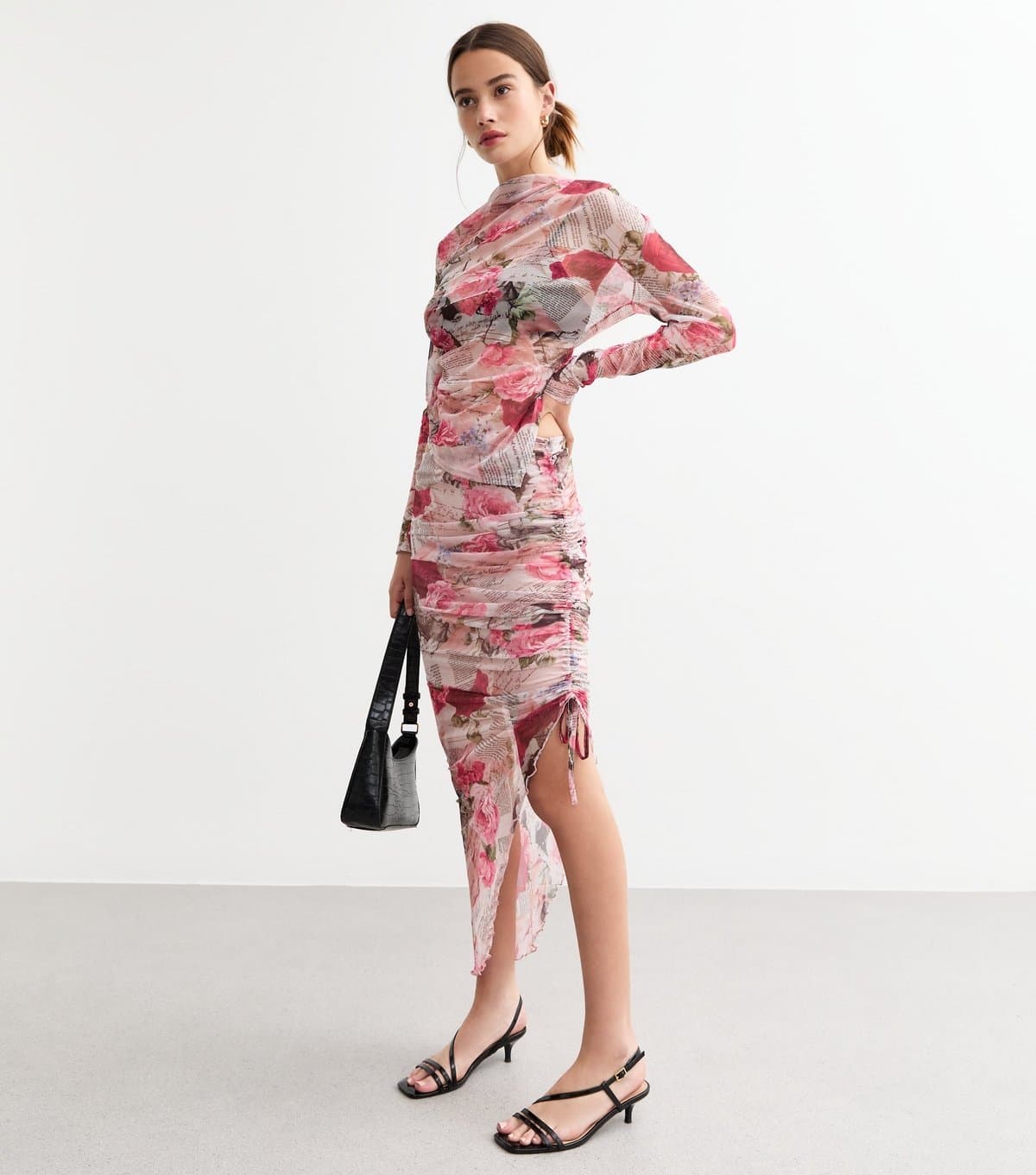 New Look Women's Pink Ruched Mesh Newspaper Print Midi Skirt New Look