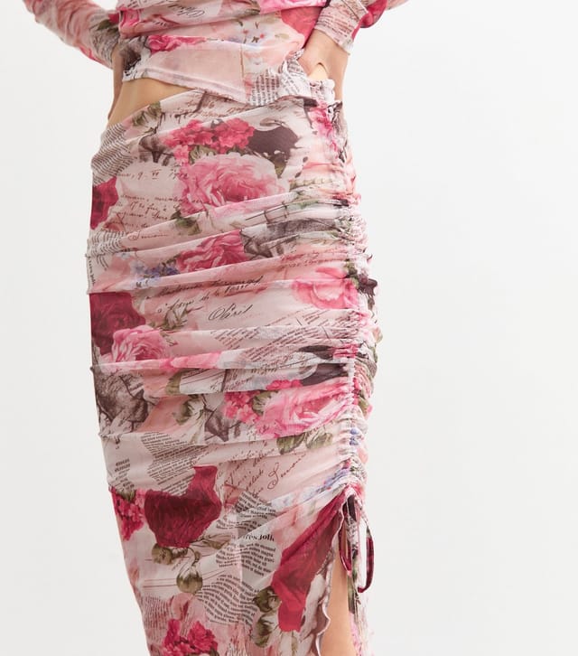 New Look Women's Pink Ruched Mesh Newspaper Print Midi Skirt New Look - 2