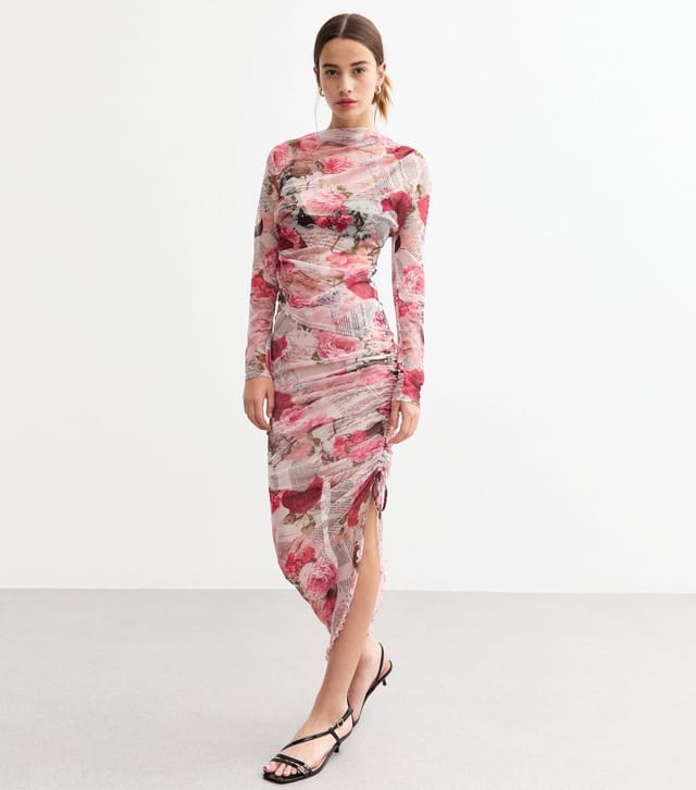New Look Women's Pink Ruched Mesh Newspaper Print Midi Skirt New Look - 3