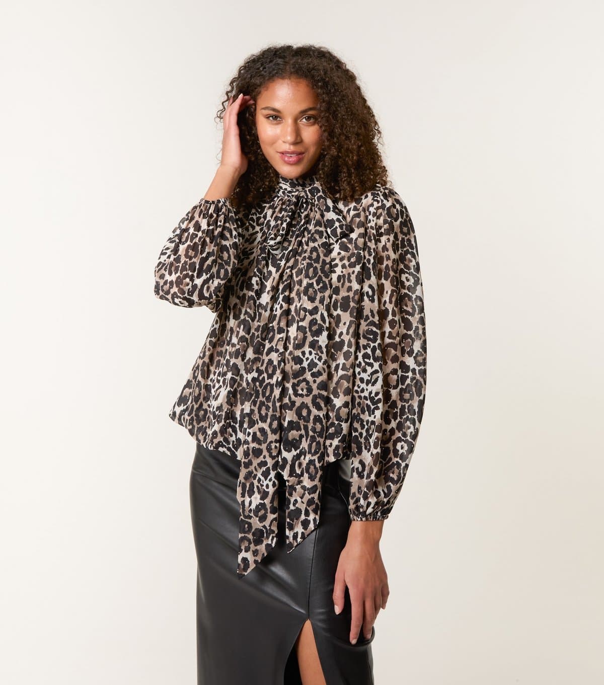 Blue Vanilla Women's Brown Leopard Print Diamante Stud Puffball Hem Blouse Blue Vanilla New Look