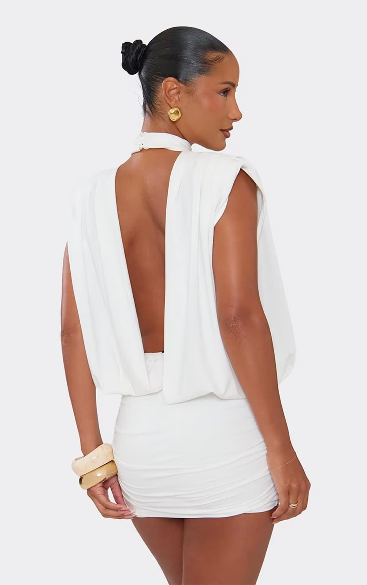 EGO High Neck Sleeveless Blouson Open Cowl Back Ruched Mini Dress In White., Women's Size UK 6