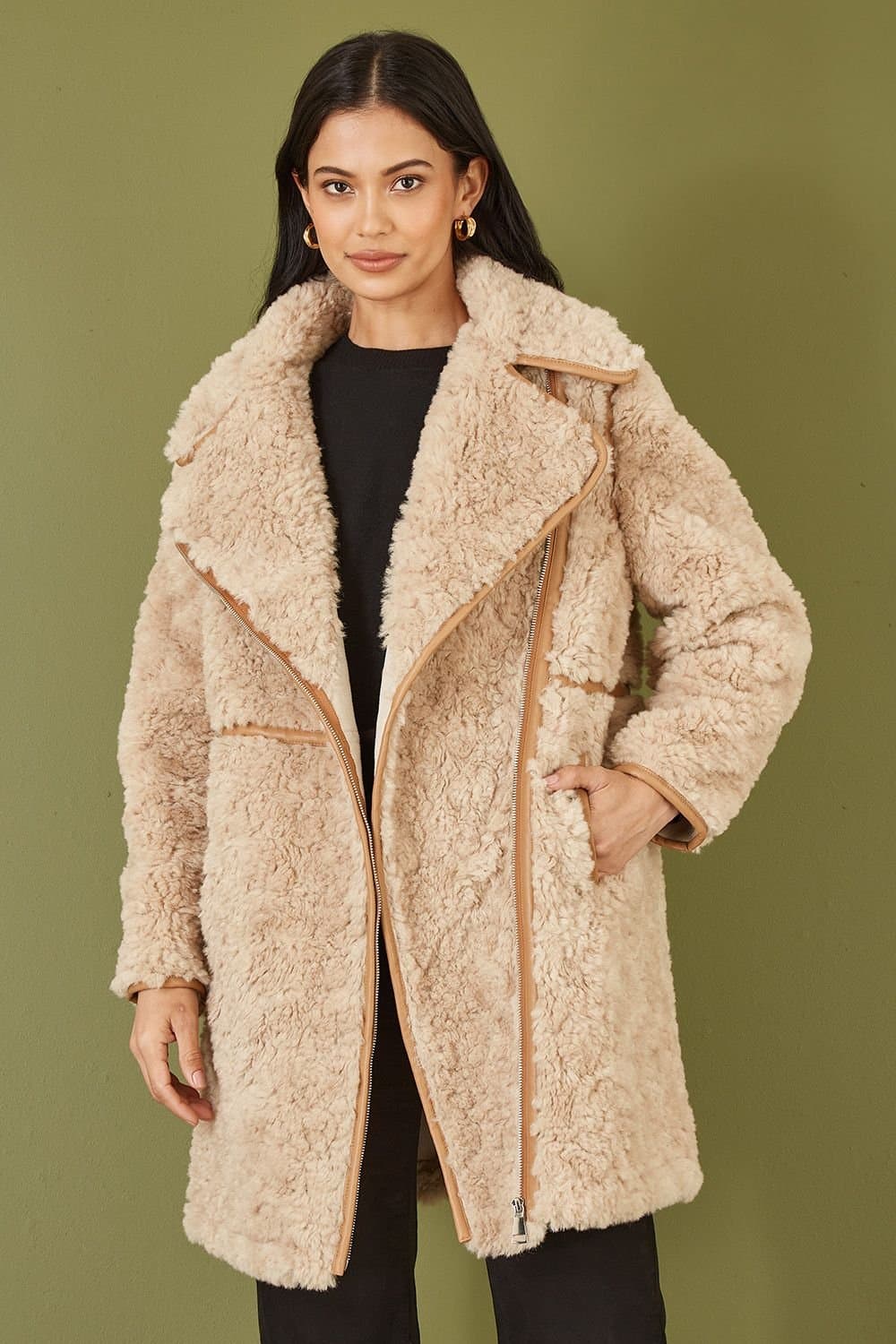 Yumi Yumi Women's Brown Textured Borg Long Line Biker Coat