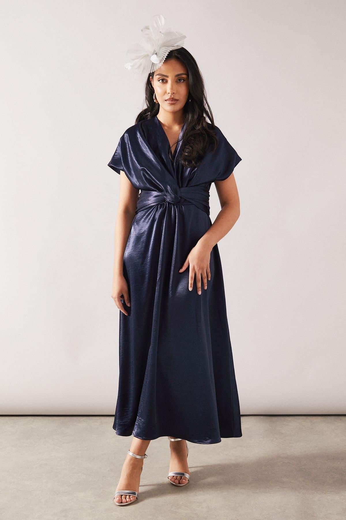 Wallis Wallis Women's Petite Satin Twist Detail Midaxi Dress in Navy