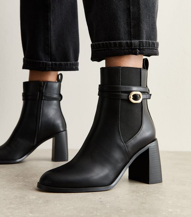 New Look Women's Black Wrap Buckle High Heel Chelsea Boots Vegan New Look - 2
