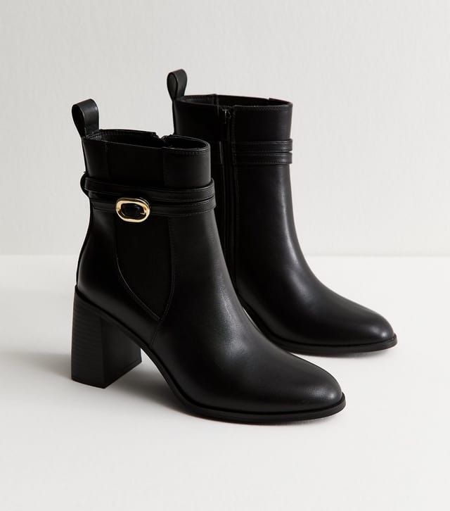 New Look Women's Black Wrap Buckle High Heel Chelsea Boots Vegan New Look - 3