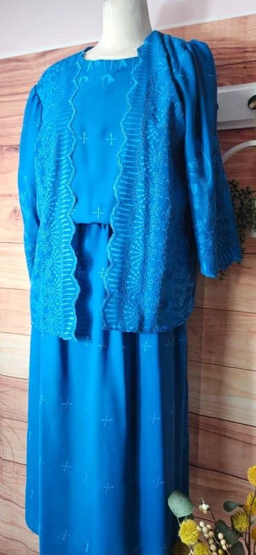 Slimshaw Vintage 80s blue embroidered dress and bolero jacket size 12
