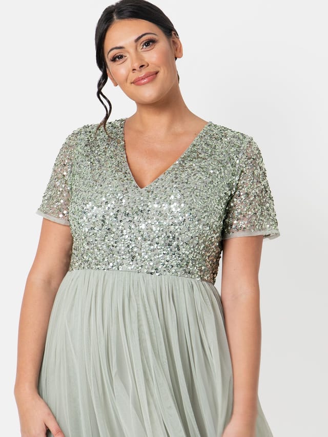 Maya Deluxe Maya Deluxe Women's Short Sleeve V Neck Embellished Midi Dress in Mint - 2