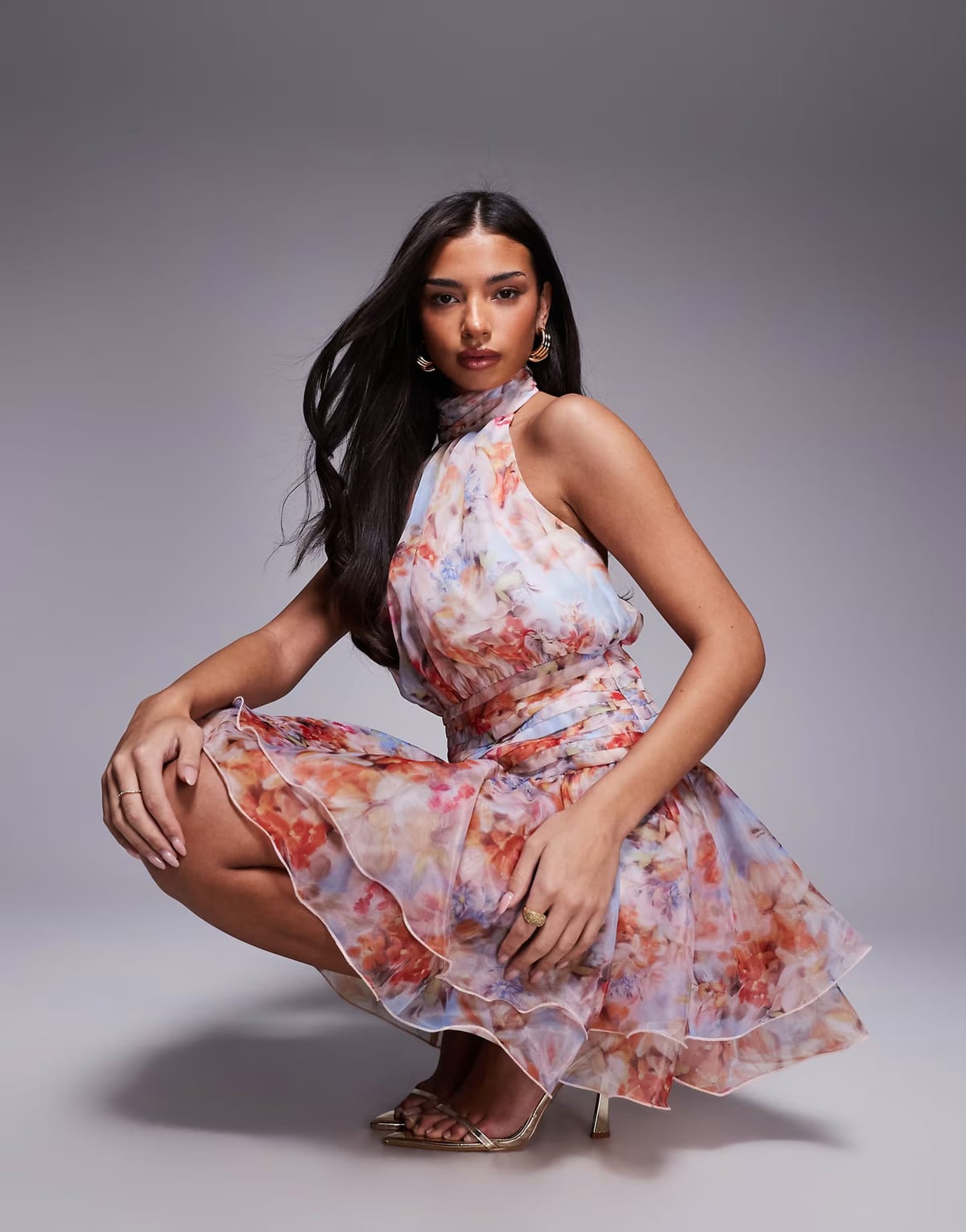 ASOS ASOS LUXE halter mini dress with organza skirt in floral print - 1