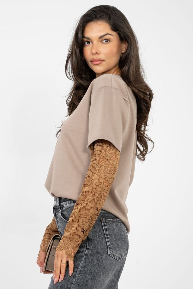 Love Lace Love Lace Women's Everyday Cotton Elastane Blouse with Lace Sleeves Style 223490 in Taupe - 2