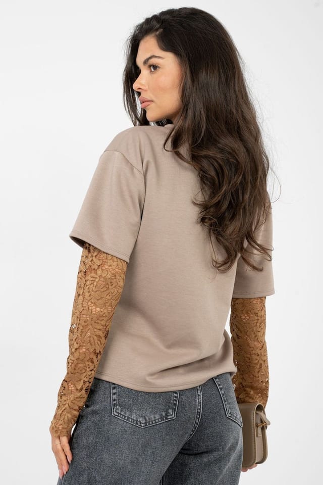 Love Lace Love Lace Women's Everyday Cotton Elastane Blouse with Lace Sleeves Style 223490 in Taupe - 3