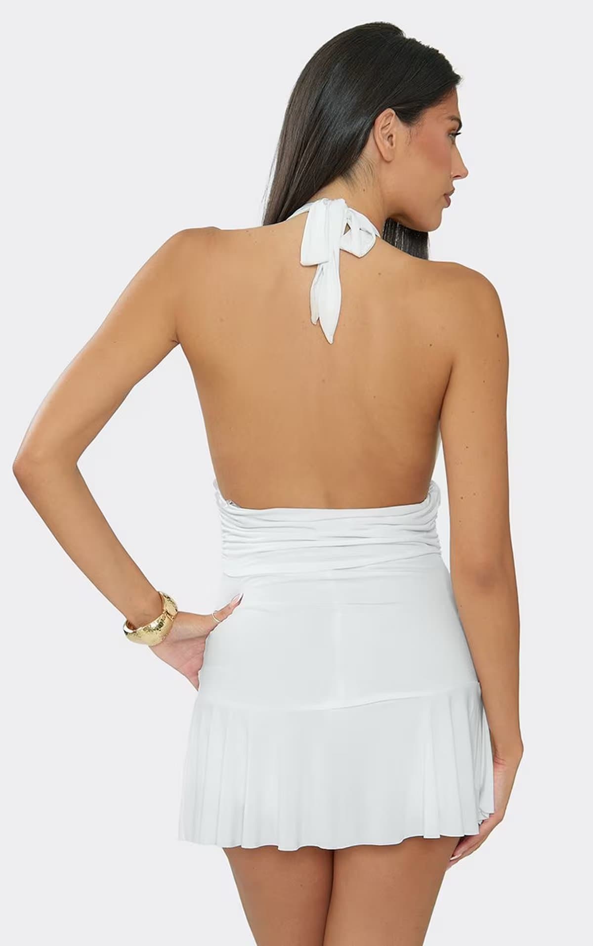 EGO Halterneck Plunge Frill Hem Playsuit In White, Women's Size UK L