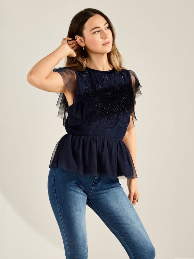 GWD by GEORGE W. DAVIES GWD by GEORGE W. DAVIES Women's GWD Zoey Sparkle Navy Mesh Embellished Top - 2