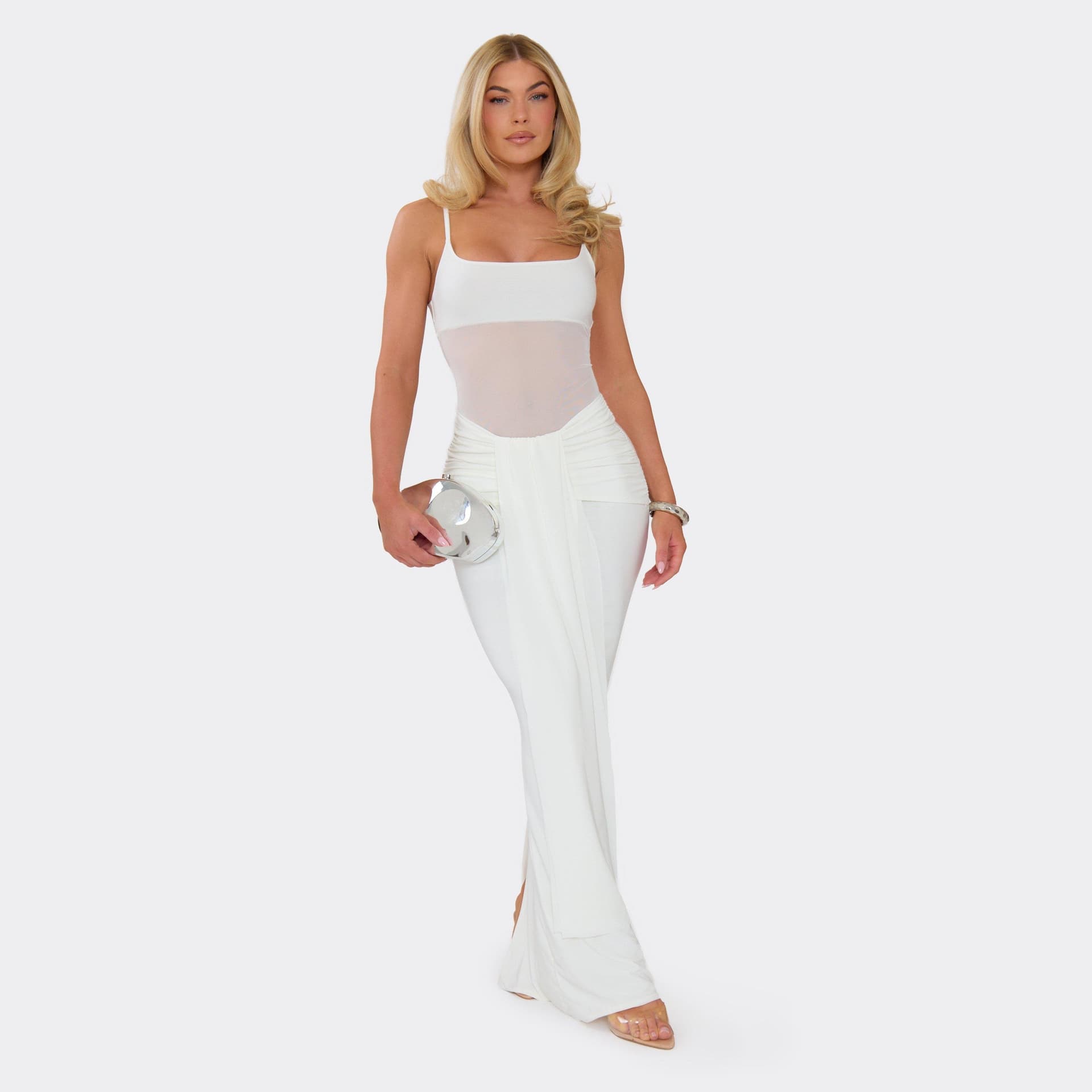 EGO Strappy Sheer Panel Draped Front Ruched Maxi Dress In White, Women's Size UK 6