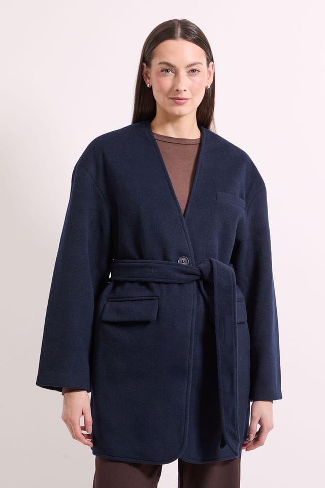 Principles Principles Women's by Wallis Collarless Belted Wrap Coat in Navy - 2