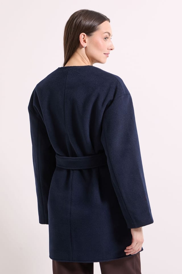 Principles Principles Women's by Wallis Collarless Belted Wrap Coat in Navy - 3