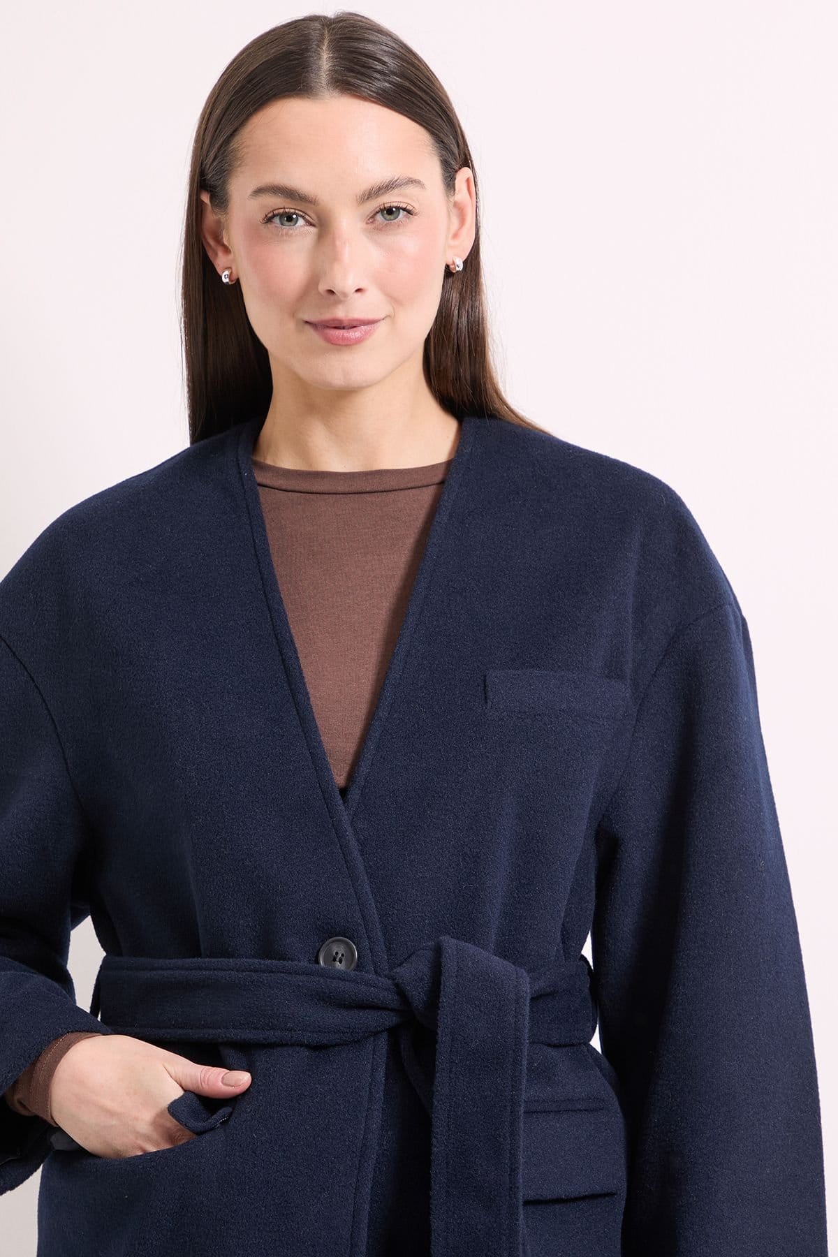 Principles Principles Women's by Wallis Collarless Belted Wrap Coat in Navy - 4