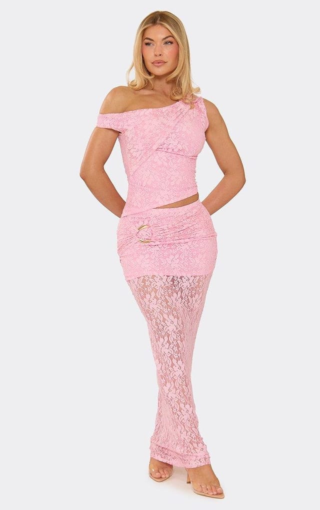 EGO Trim Detail Maxi Skirt In Pink Lace, Women's Size UK 6 - 2