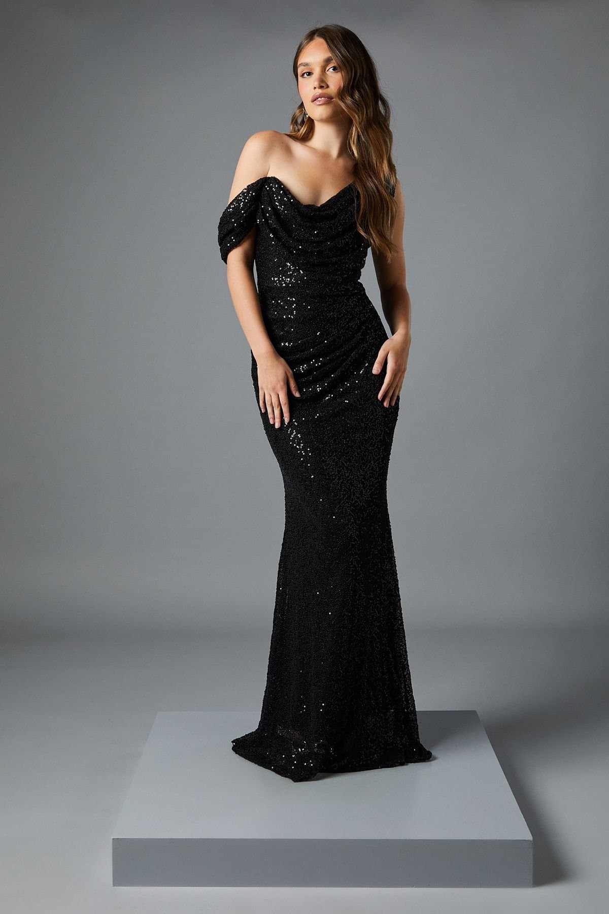 Coast Coast Women's Sequin Cowl Neck Maxi Dress in Black