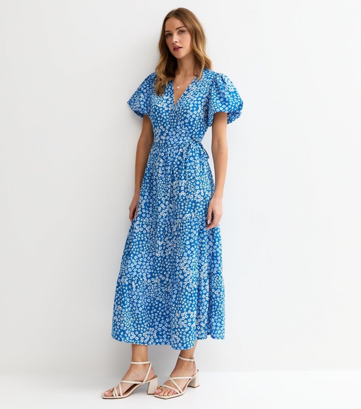 New Look Women's Blue Crepe Floral Print Wrap Midi Dress New Look