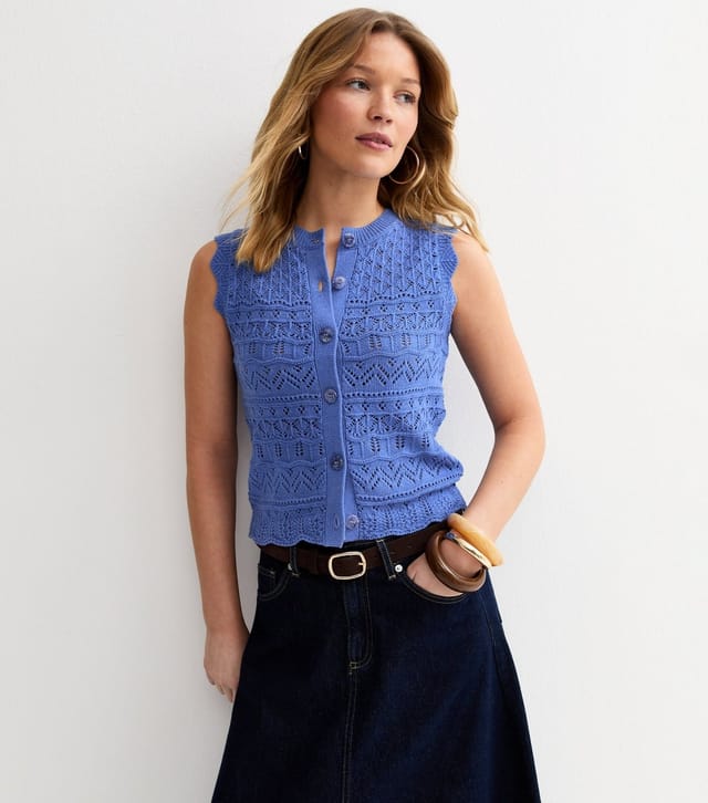 New Look Women's Blue Cotton Rich Crochet Look Knit Waistcoat New Look - 2