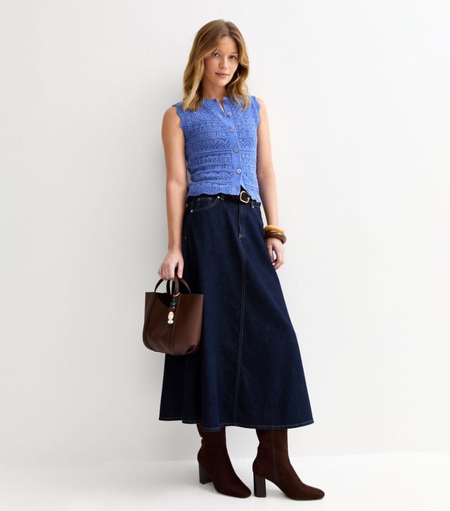 New Look Women's Blue Cotton Rich Crochet Look Knit Waistcoat New Look - 3