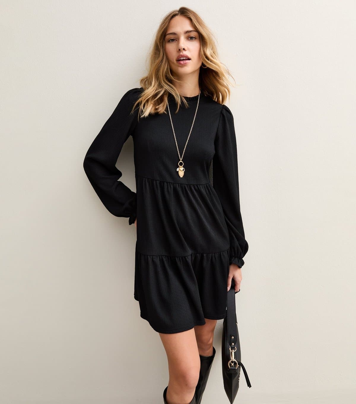 New Look Women's Black Smocked Tiered Mini Dress New Look