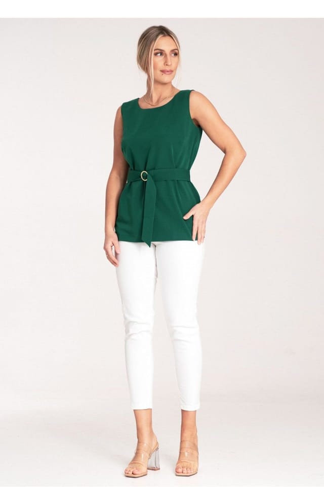 Love Lace Love Lace Women's Trapezoid Drape Unbuttoned Blouse with Gold Belt in Green - 2