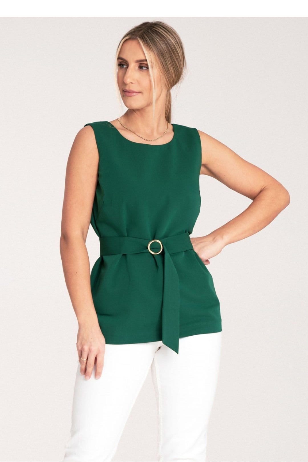 Love Lace Love Lace Women's Trapezoid Drape Unbuttoned Blouse with Gold Belt in Green - 4