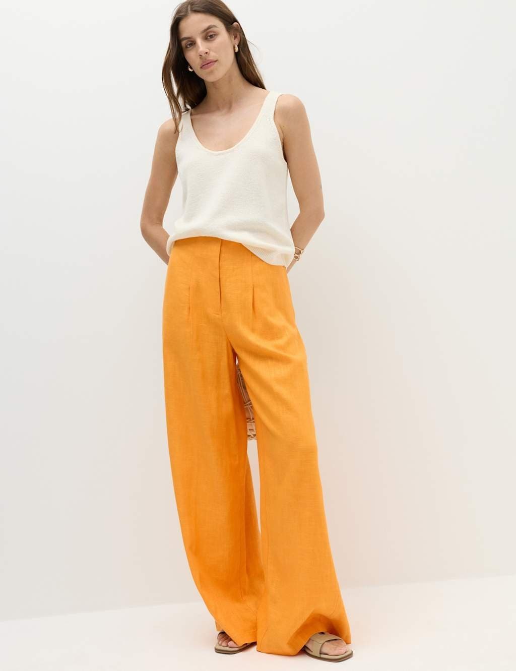 Marks & Spencer M&S Linen Rich Tailored Wide Leg Trousers Mango