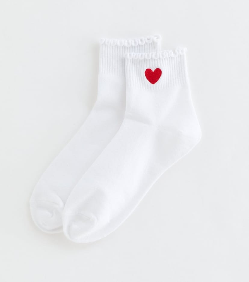 New Look White Heart Embroidered Frill Ankle Socks New Look - 1