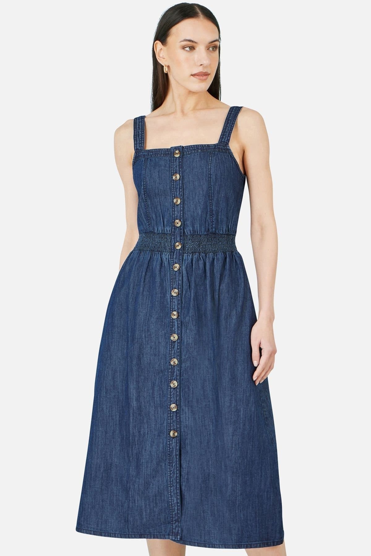 Yumi Yumi Women's Blue Chambray Cotton Ruched Midi Sun Dress in Dark Indigo