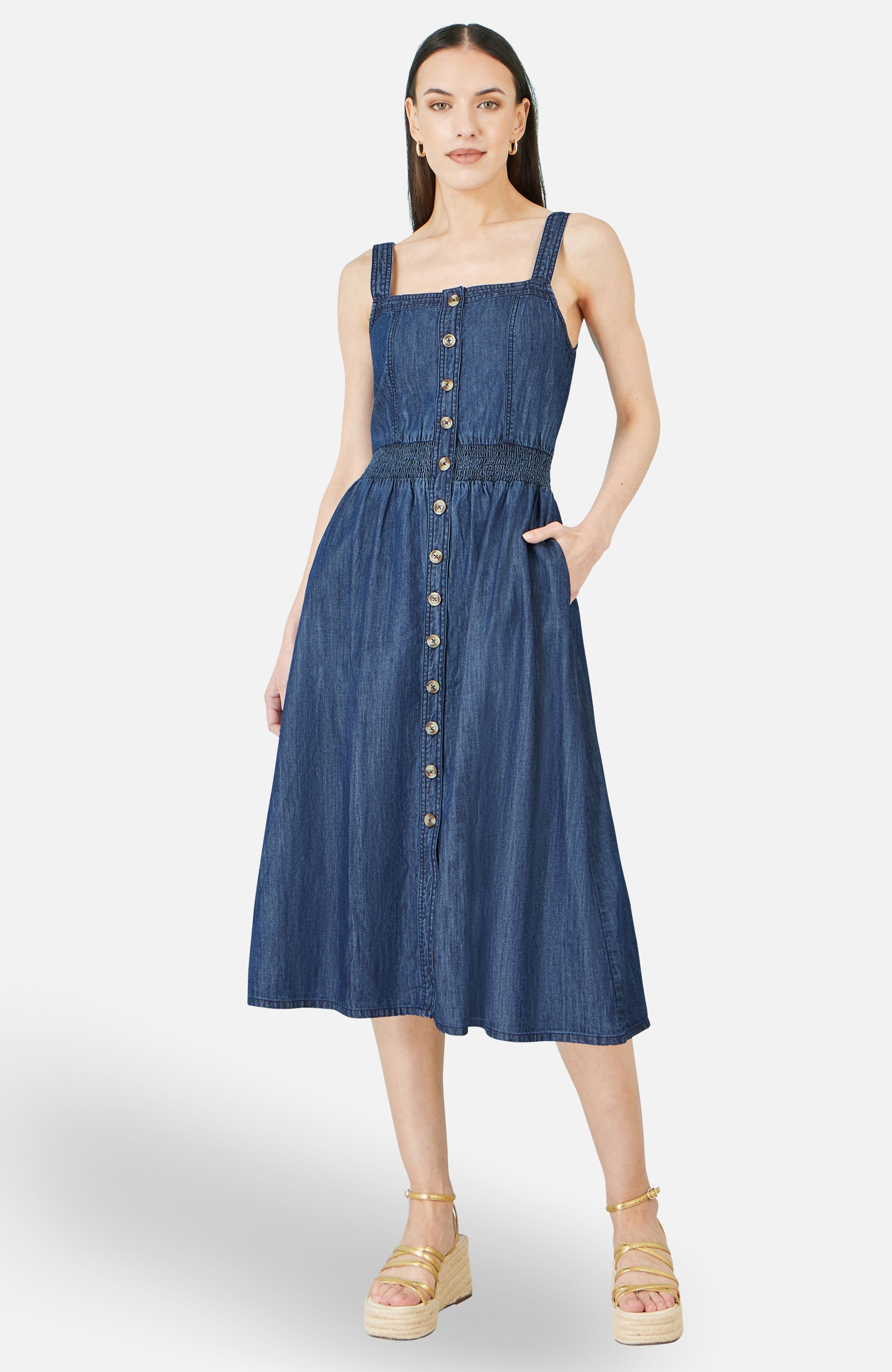 Yumi Yumi Women's Blue Chambray Cotton Ruched Midi Sun Dress in Dark Indigo - 2