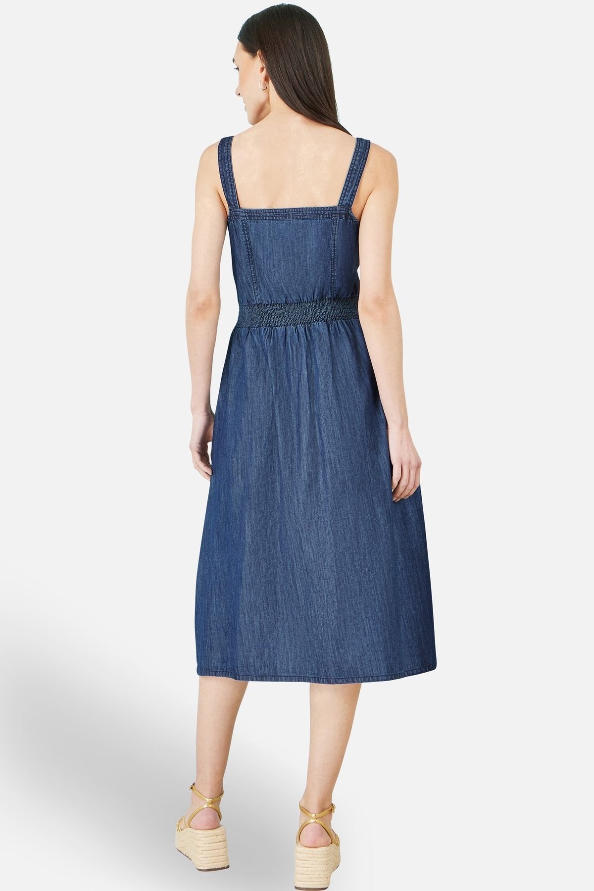 Yumi Yumi Women's Blue Chambray Cotton Ruched Midi Sun Dress in Dark Indigo - 3