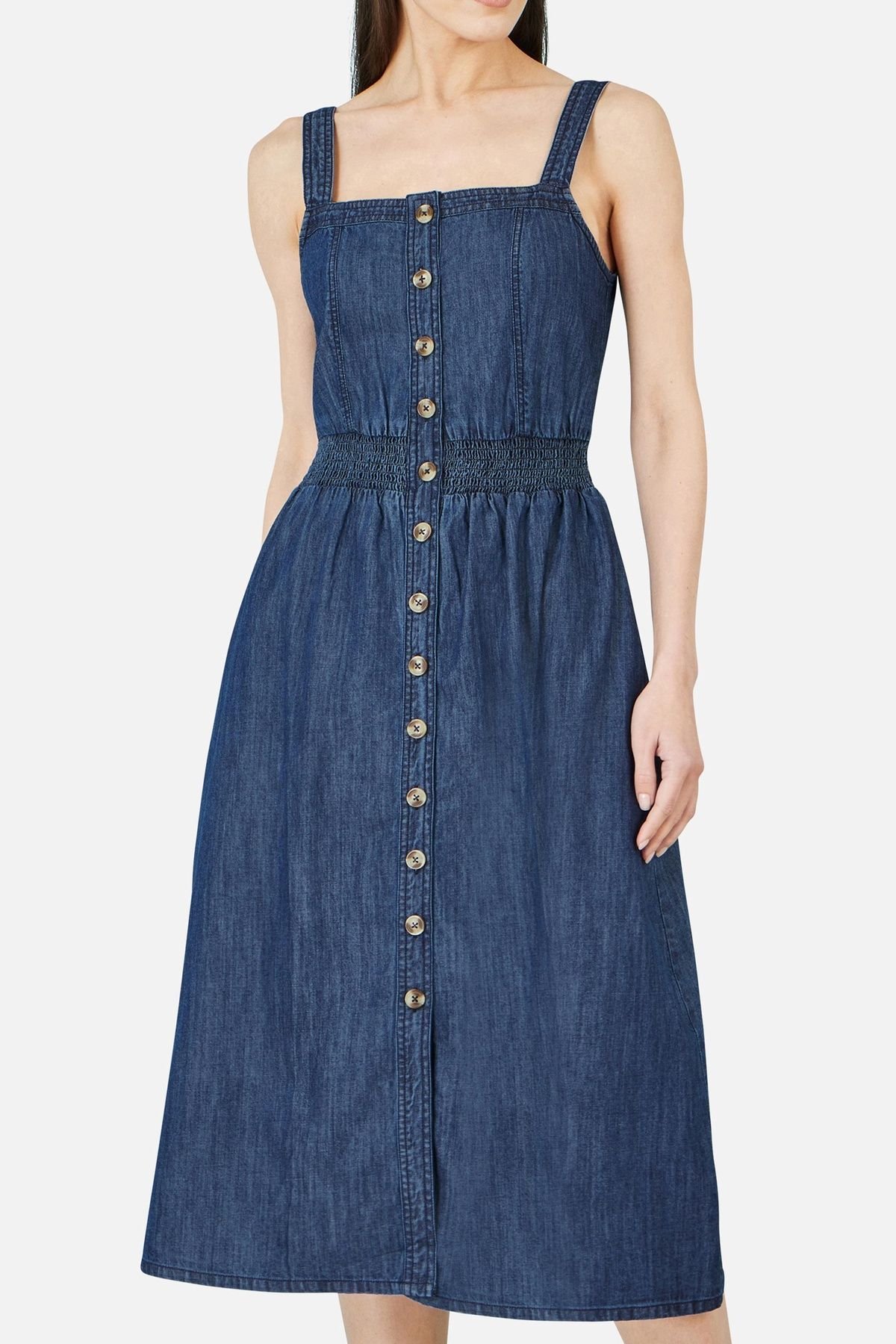 Yumi Yumi Women's Blue Chambray Cotton Ruched Midi Sun Dress in Dark Indigo - 4