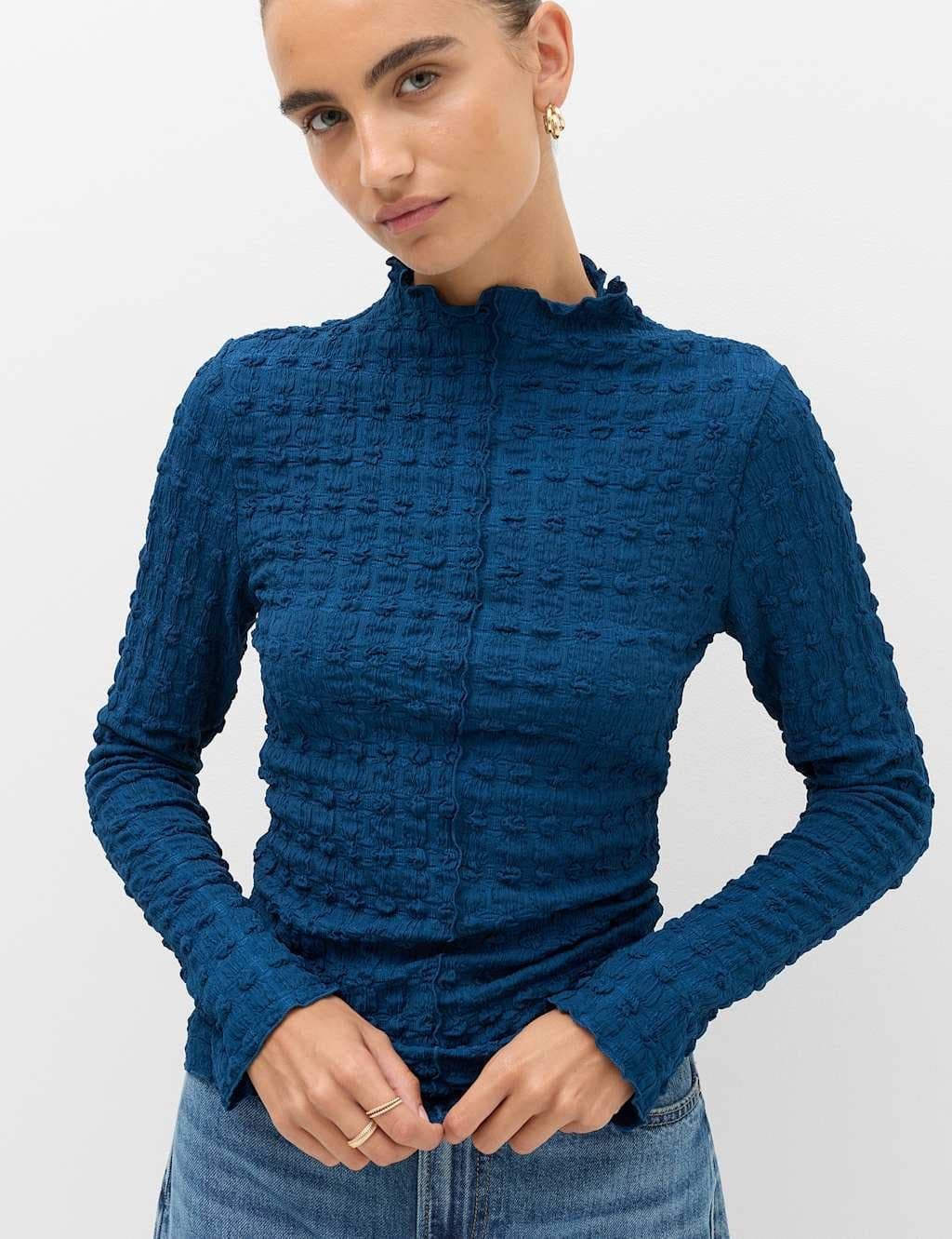 Marks & Spencer M&S Long Sleeve Funnel Neck Textured Top Petrol
