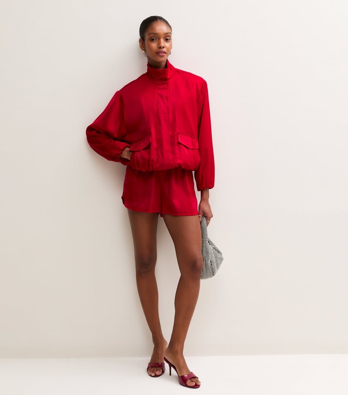 New Look Women's Bright Red Satin Funnel Neck Bomber Jacket New Look